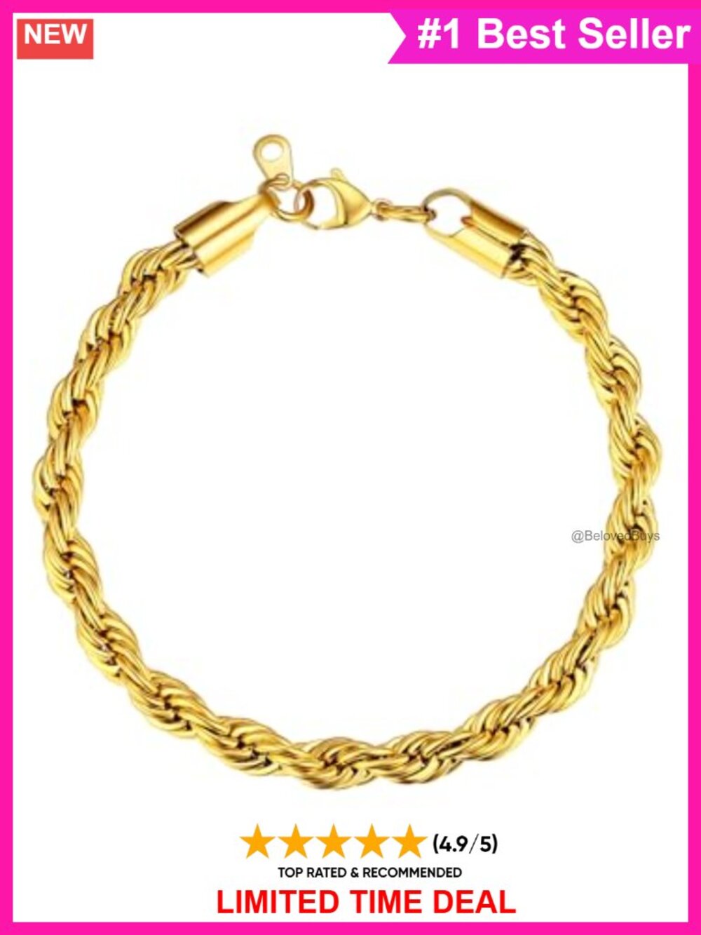 Mens Stainless Steel Gold Plated Rope Chain Bracelet 6mm 8.3in